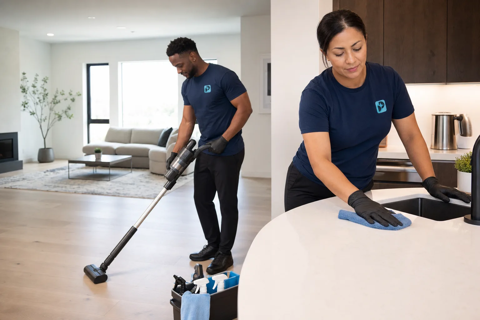 Two Polish Patrol cleaning professionals cleaning a bright residential kitchen and living area