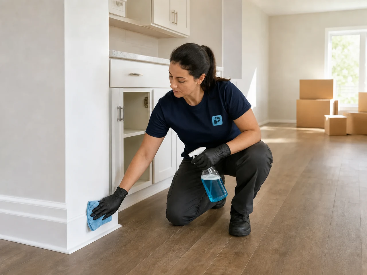 Professional Polish Patrol cleaner wiping trim in a bright empty home with moving boxes nearby