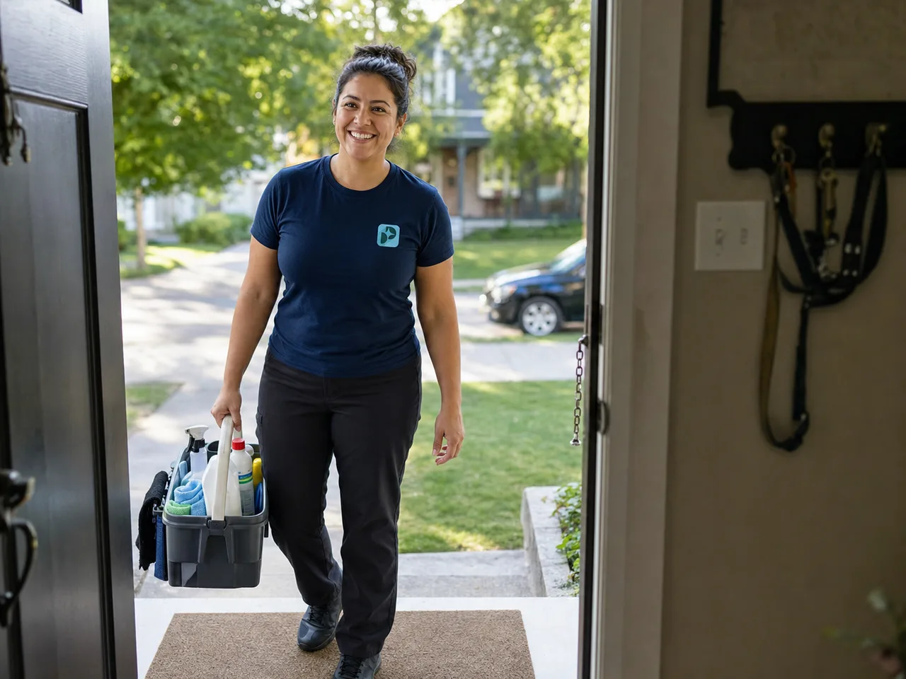 Professional Polish Patrol cleaner arriving at a home with an organized cleaning caddy